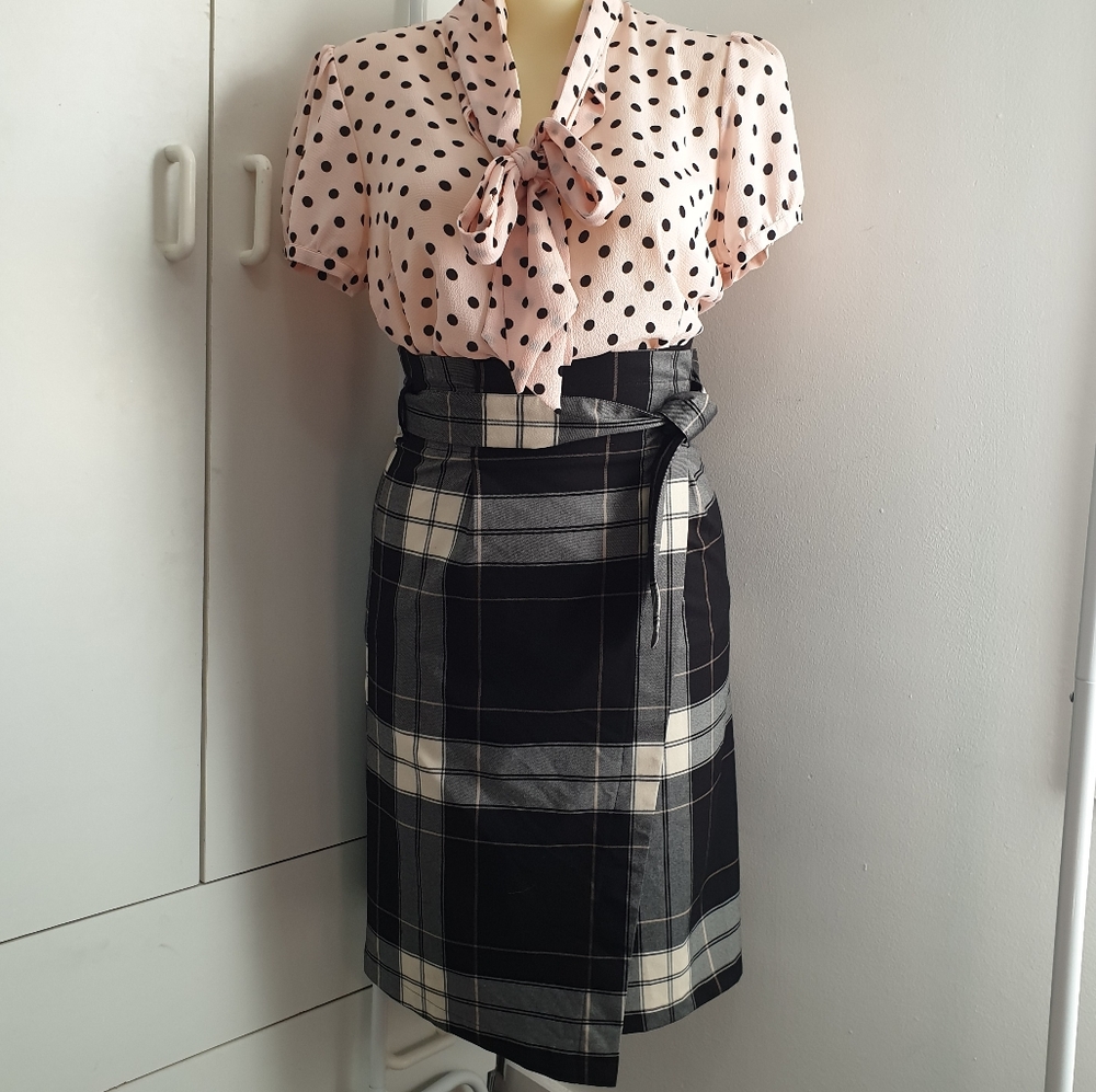 NWT AU 14 Dotti Black White Plaid Midi Belt Wrap Skirt - Picture 12 of 16